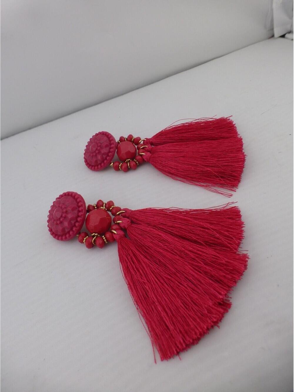 Vibrant Fuchsia Red Tassel Drop Dangle Earrings Fashion Jewelry Beaded Stud F4